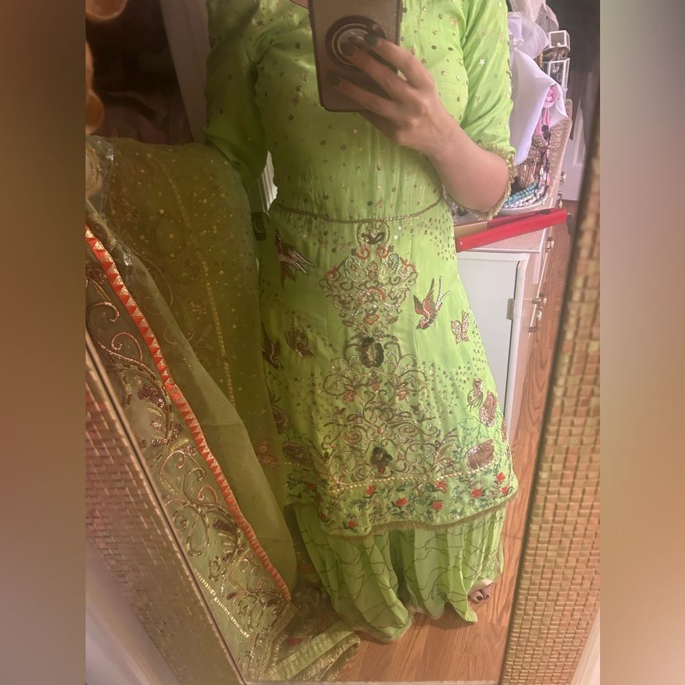 Like green raw silk antique embroidery suit with palazzo pants